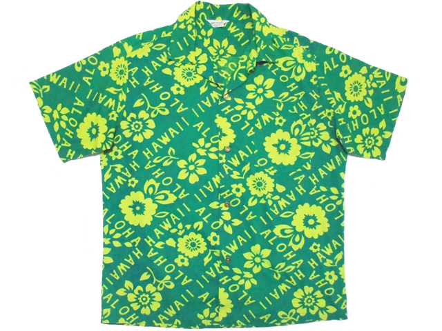 blu3862 MADE IN HAWAII メイドインハワイ 中ビンテージ・アロハハワイの緑色パレオ柄L アロハシャツ 着る蔵.com